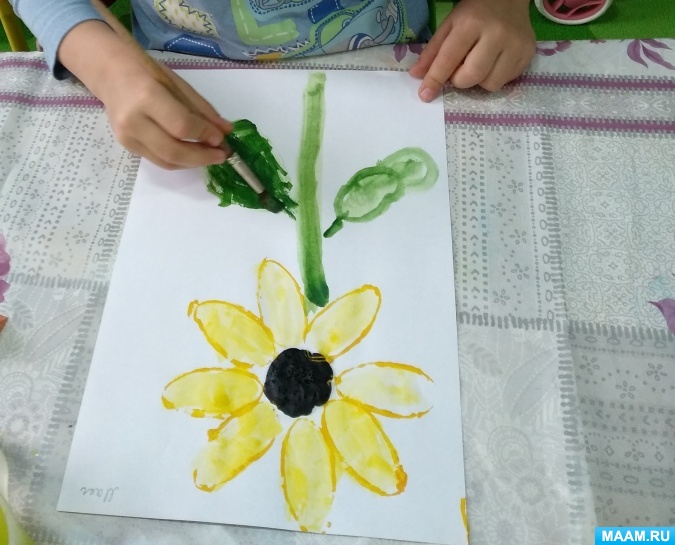 Подсолнух рисунок для детей карандашом, красками