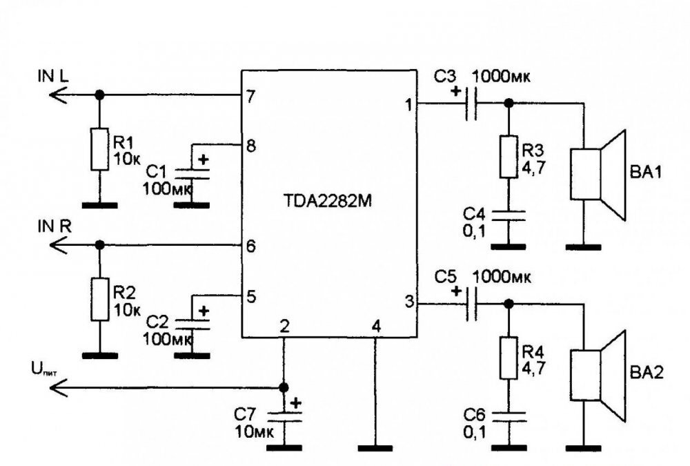 Tda2822 схема включения